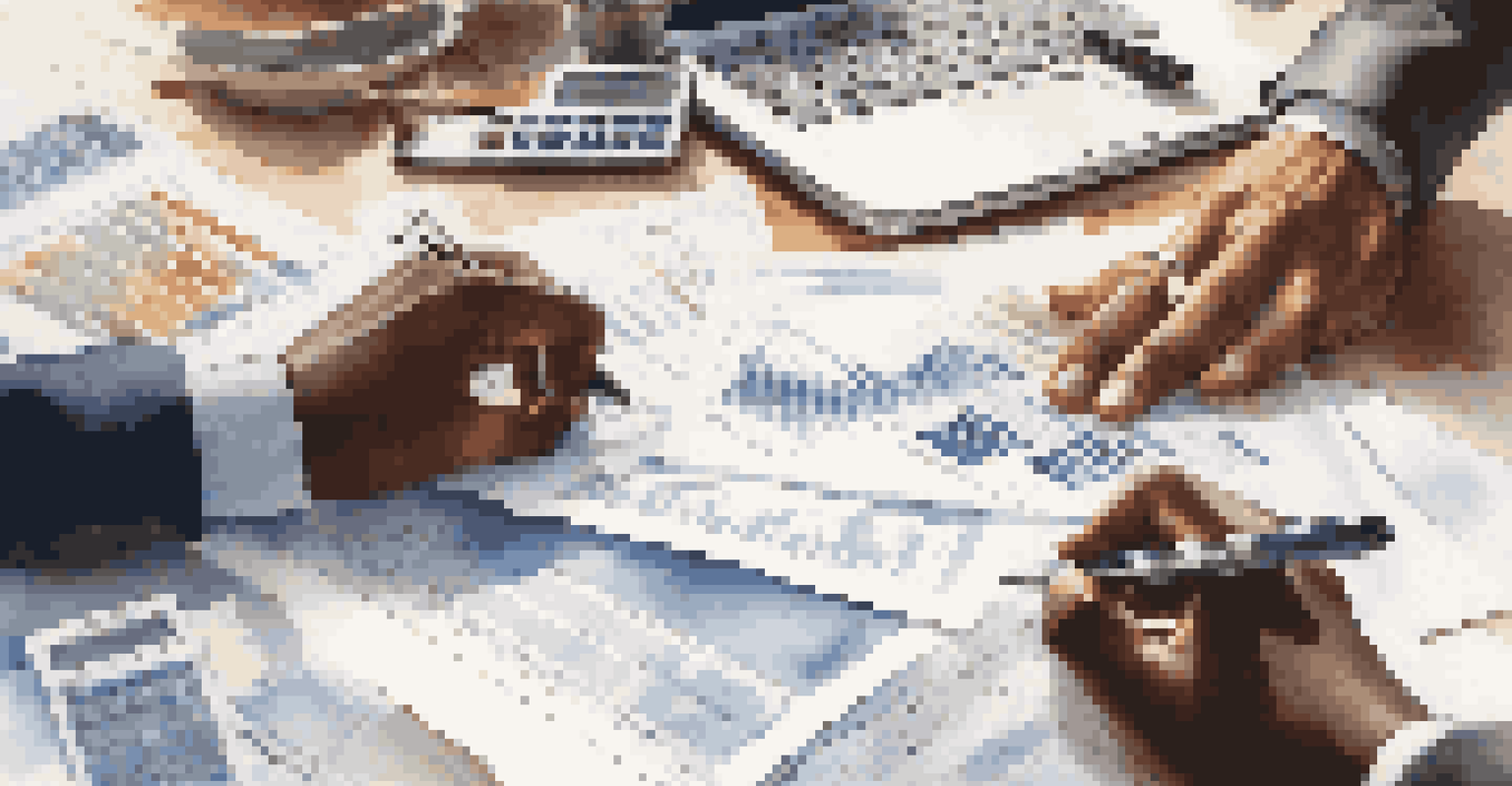 Close-up of diverse hands working on financial documents together, with charts and a laptop on a table.