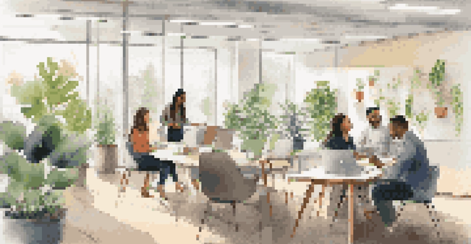 A diverse group of new employees in a well-lit office during an onboarding session, with plants and modern furniture around them.