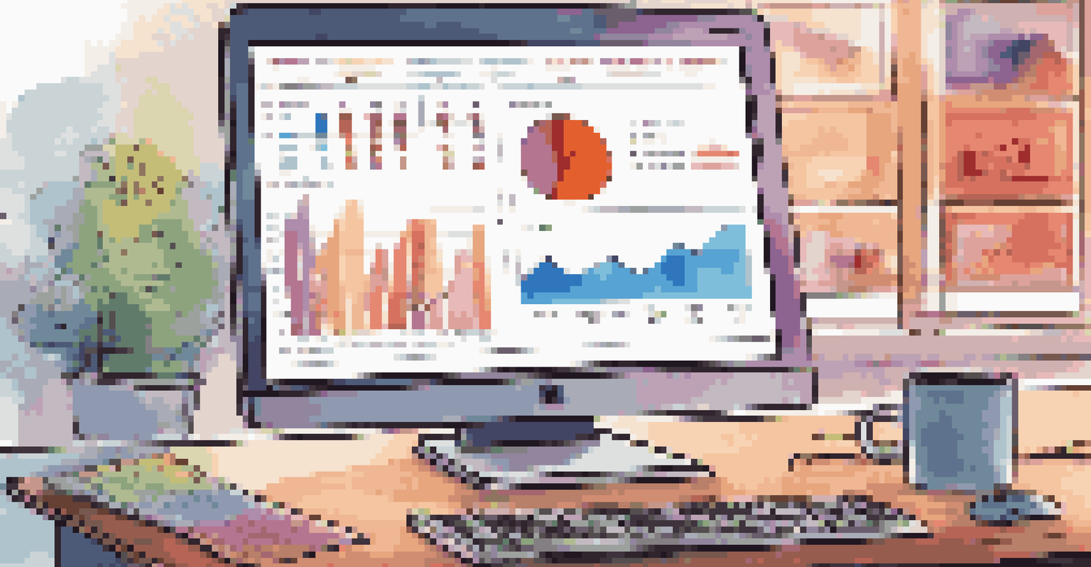 A close-up of a computer screen showing a colorful CRM dashboard with graphs and charts, set in a cozy office environment.