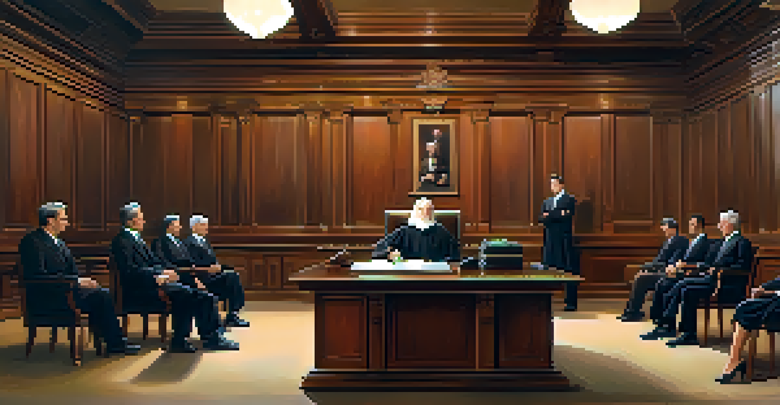 A courtroom scene with an arbitrator at a wooden table, two parties presenting their cases in a professional setting.