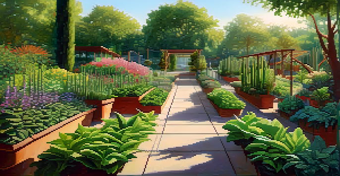 A colorful garden representing a green supply chain with various plants and warm sunlight.