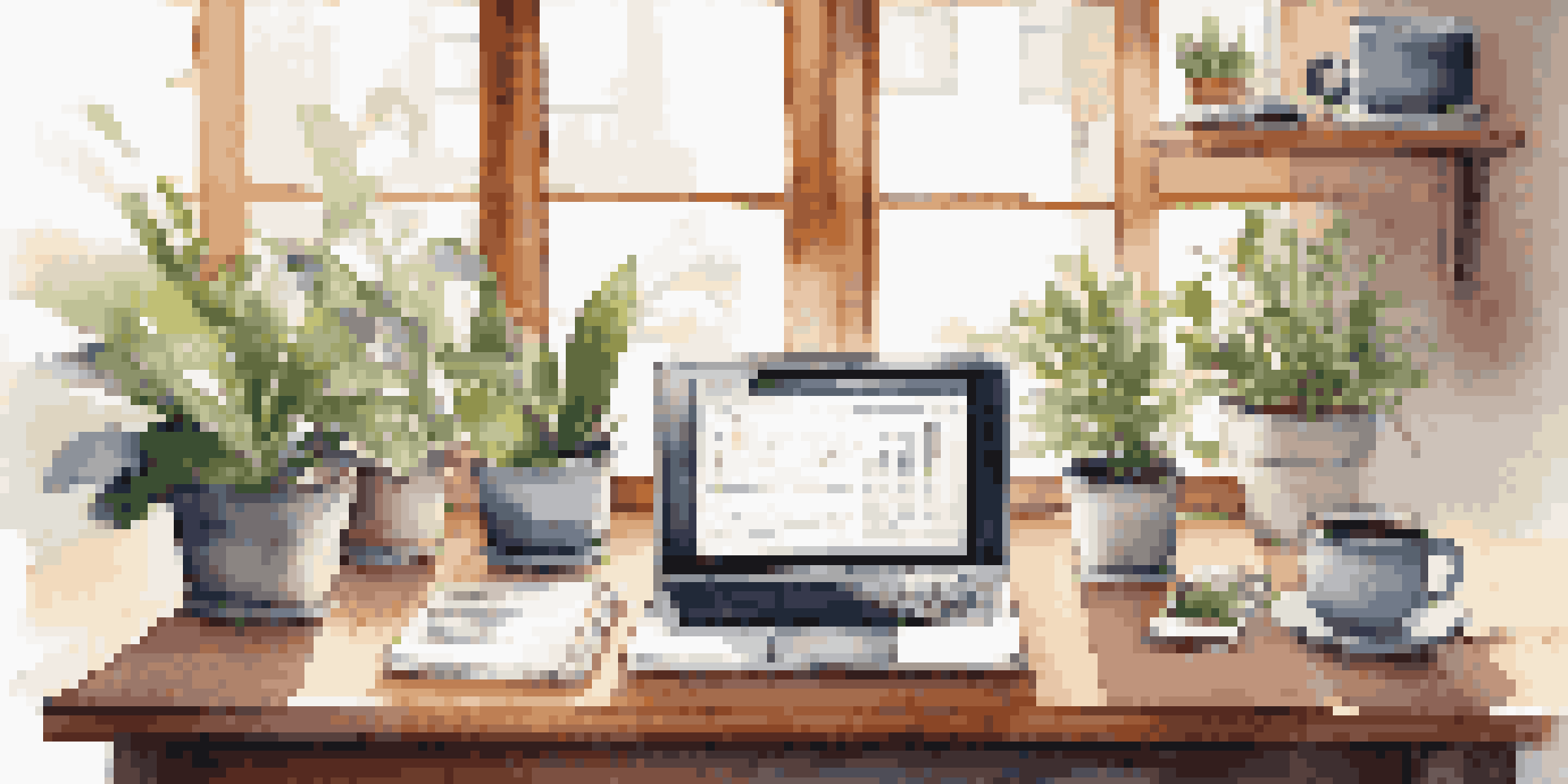 A bright office desk with a laptop displaying analytics charts, notebooks, a coffee cup, and a potted plant, illuminated by natural light.