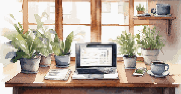 A bright office desk with a laptop displaying analytics charts, notebooks, a coffee cup, and a potted plant, illuminated by natural light.