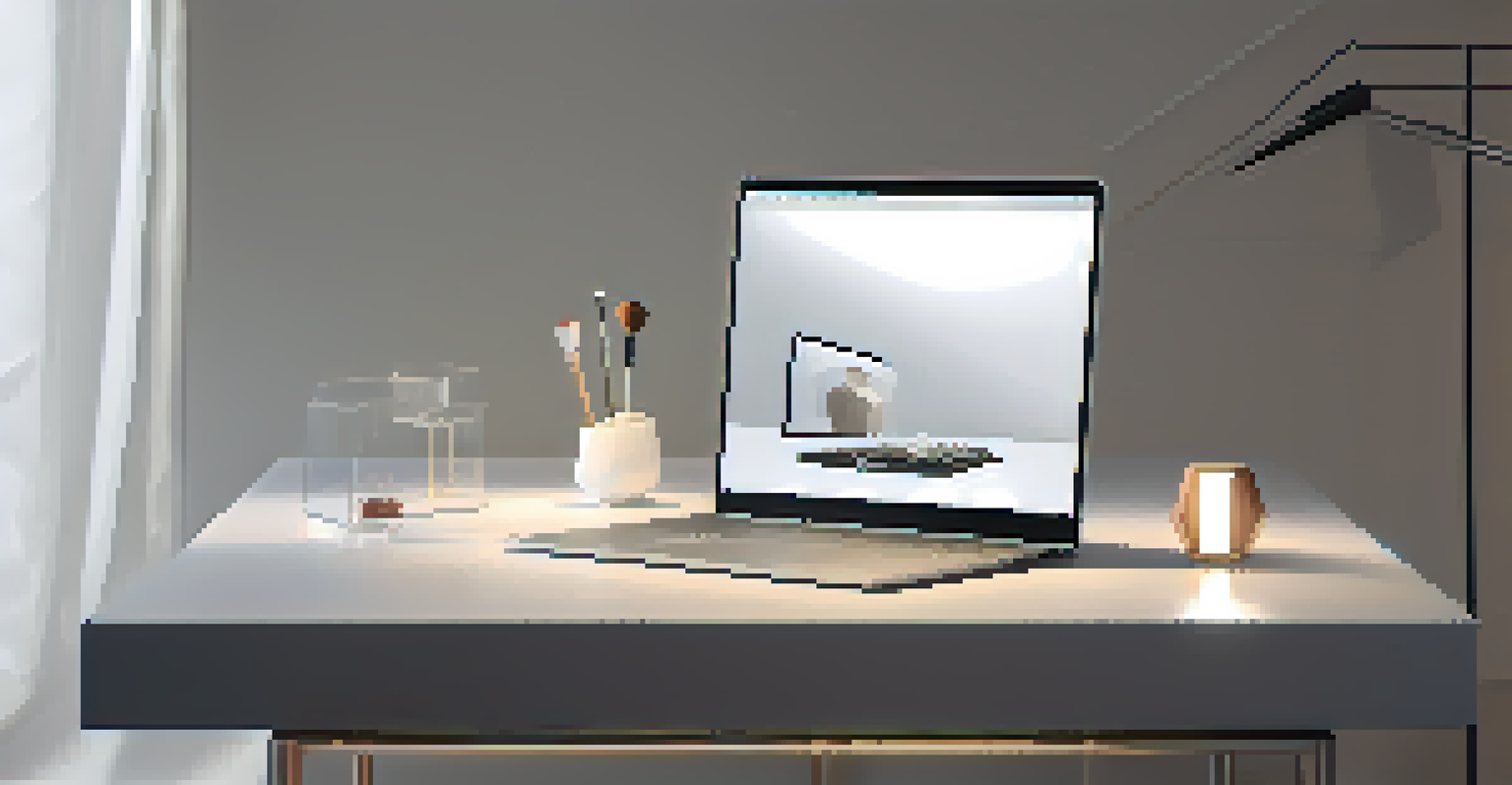 A product prototype showcased on a glass table in a minimalist studio, with soft lighting accentuating its design.