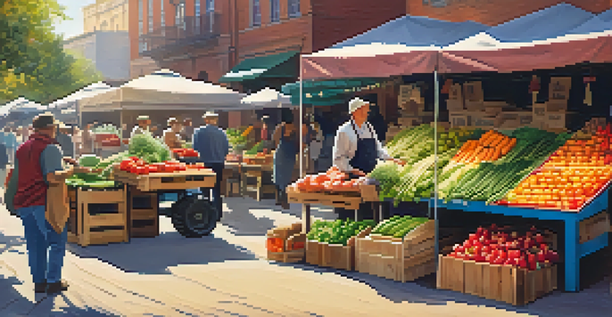 An outdoor market with local farmers selling organic produce under warm sunlight, creating a vibrant community atmosphere.