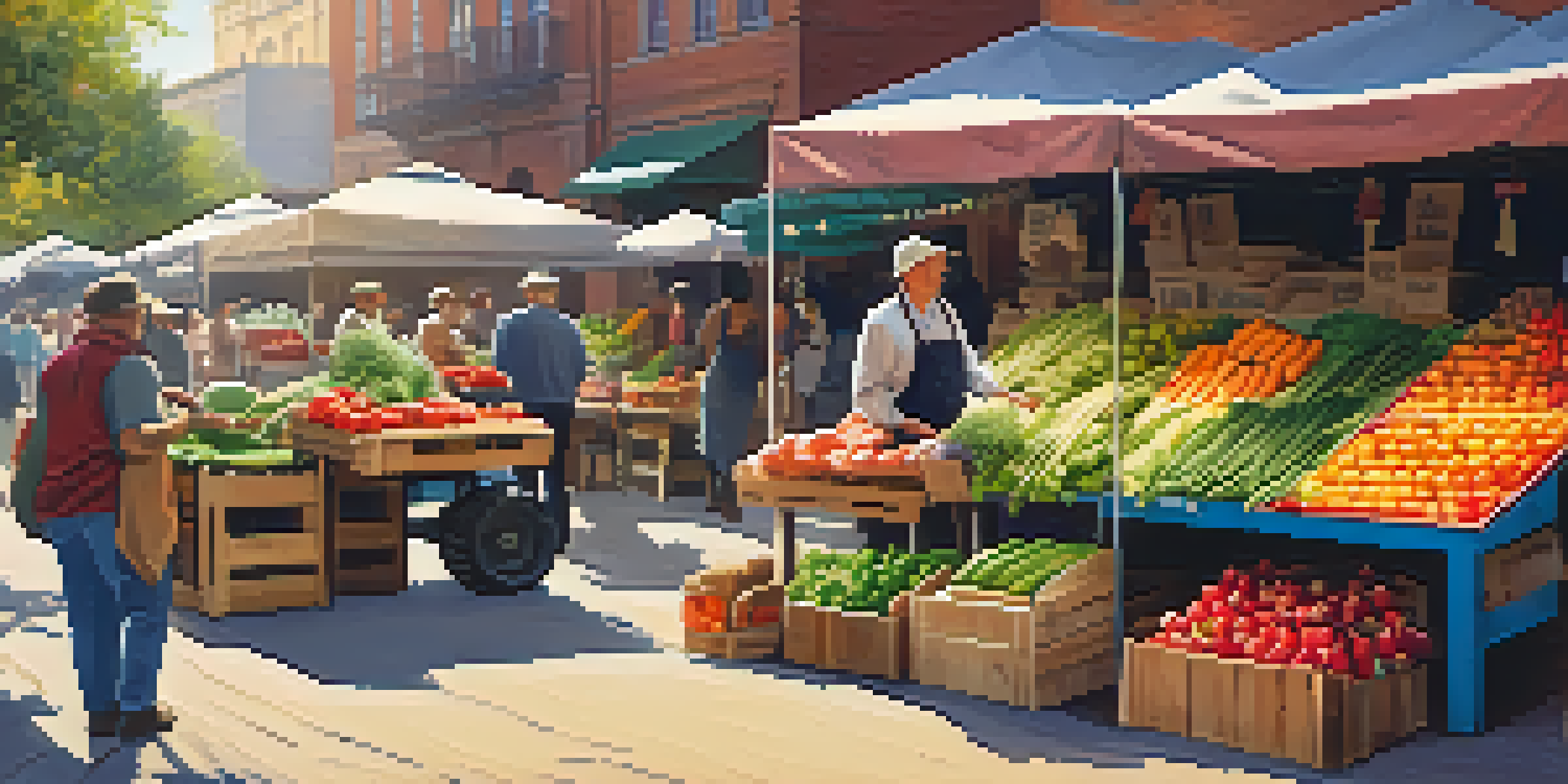 An outdoor market with local farmers selling organic produce under warm sunlight, creating a vibrant community atmosphere.