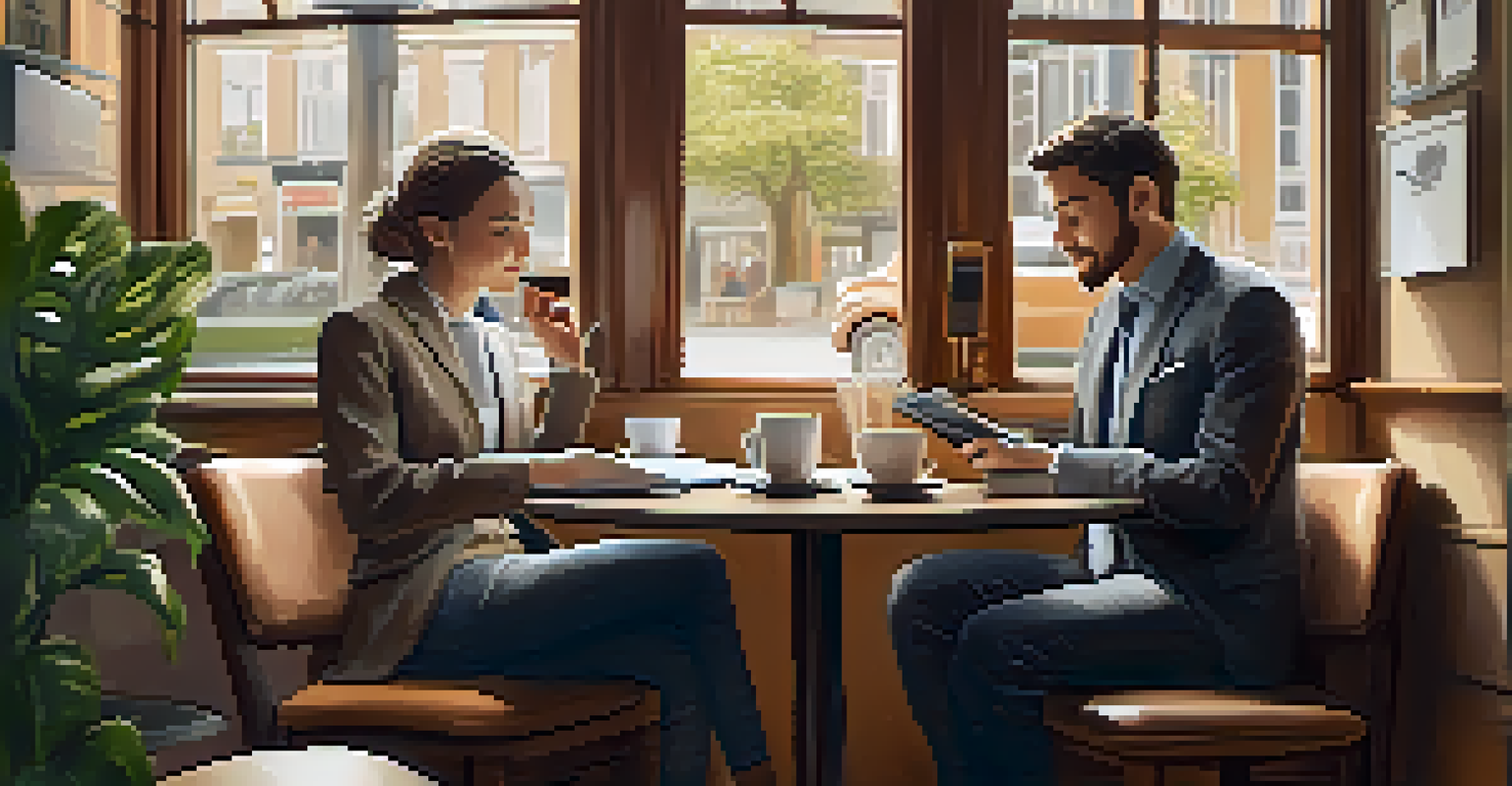 Two professionals engaged in a coffee meeting, discussing while taking notes in a cozy cafe setting.