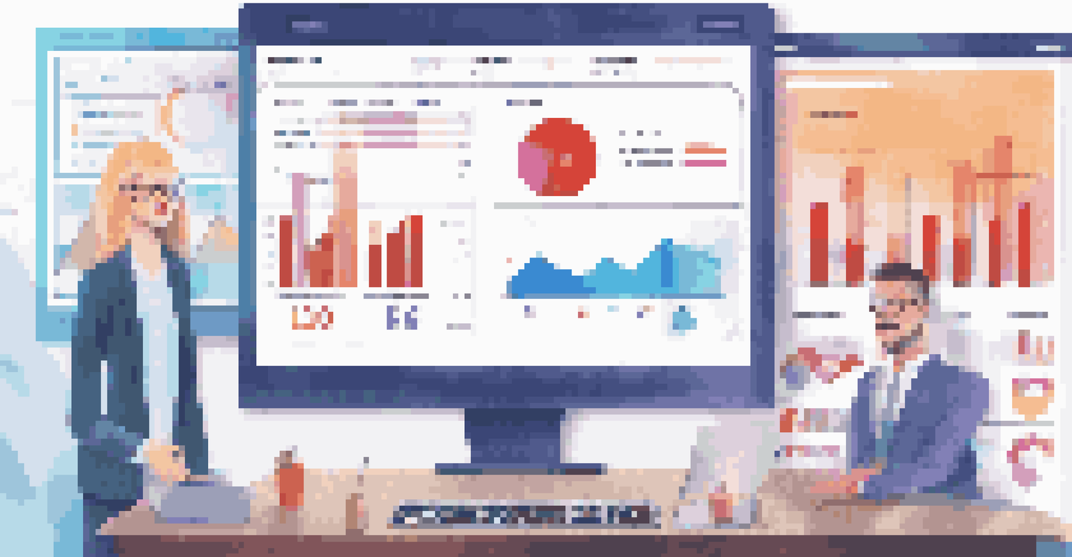 A digital dashboard showing KPIs for customer service with graphs and charts, and a hand pointing at the screen.