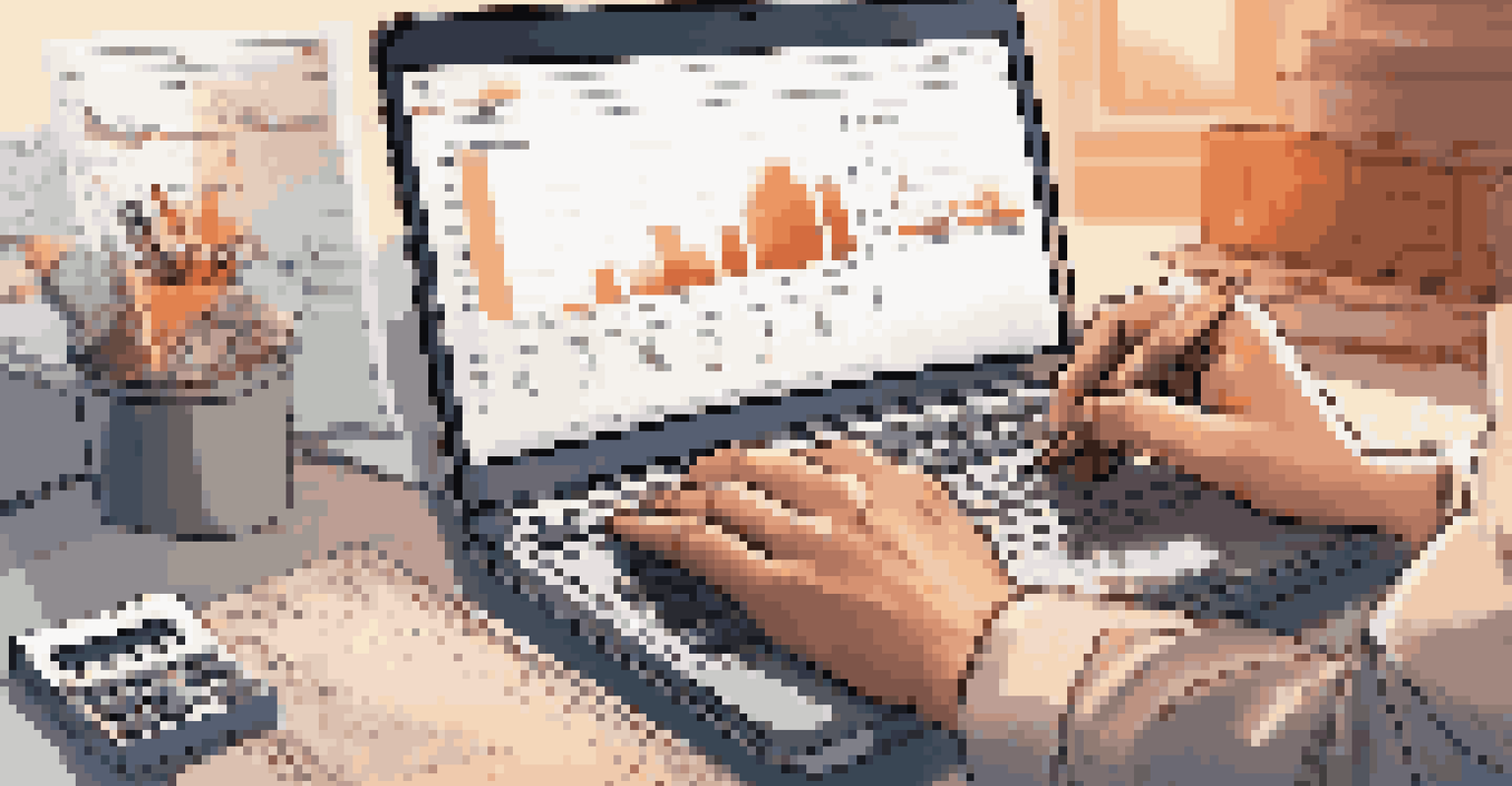 Close-up of hands on a laptop analyzing data charts, with a notepad and calculator in a warm light ambiance.