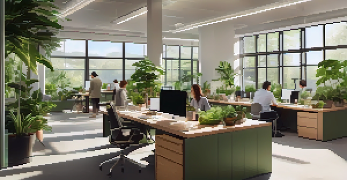 A bright and green office space with employees working, highlighting sustainable practices and natural lighting.