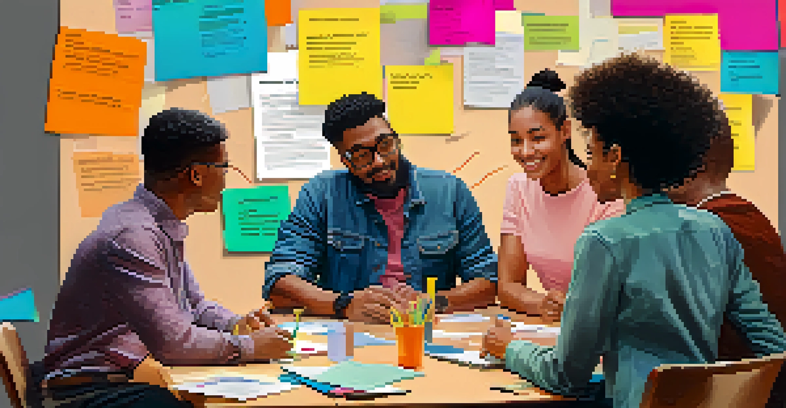 A diverse group of individuals in a brainstorming session, surrounded by sticky notes and laptops, fostering collaboration.