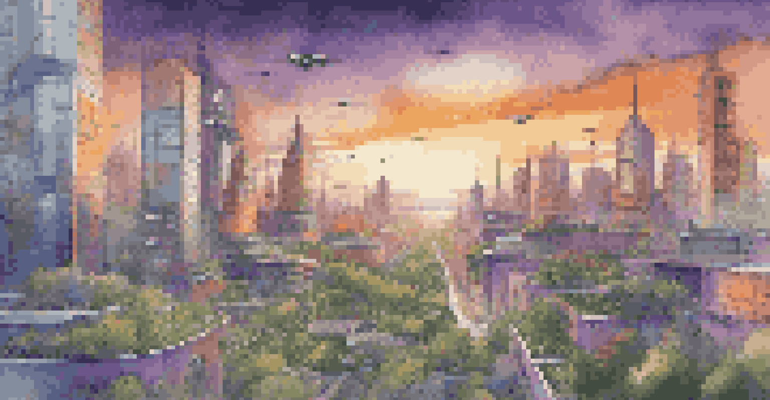 A sunset view of a futuristic city skyline with green buildings and solar panels, featuring drones and electric vehicles, symbolizing innovation and sustainability.