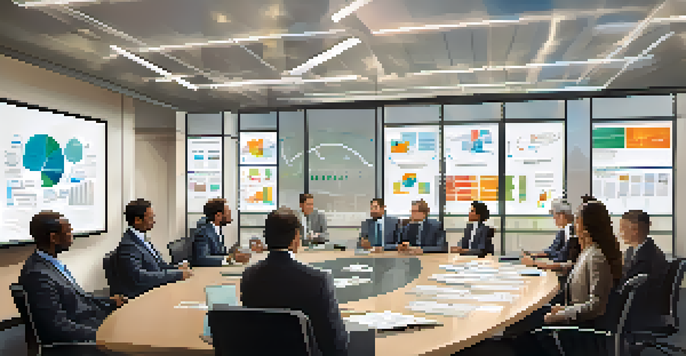 A diverse team in a conference room discussing crisis management strategies, with charts and plans displayed on a screen.