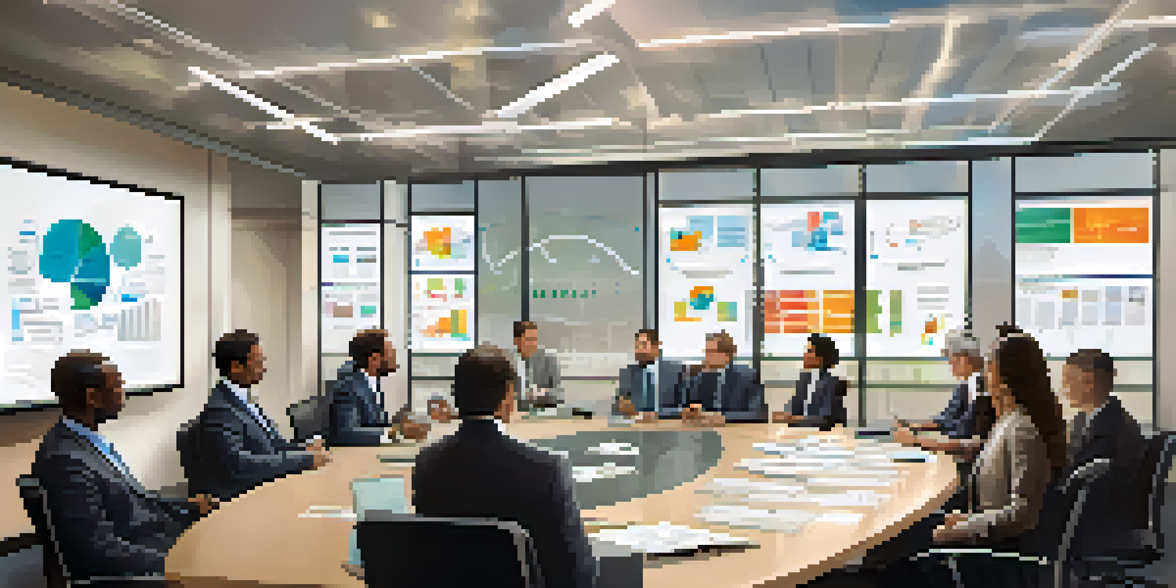 A diverse team in a conference room discussing crisis management strategies, with charts and plans displayed on a screen.