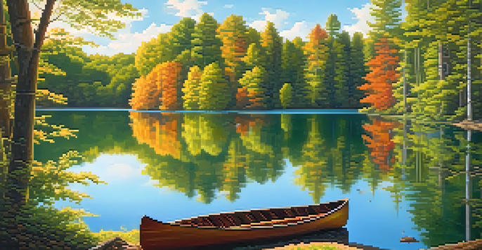 A peaceful lake scene with a canoe on the water, surrounded by green forests and a clear blue sky.