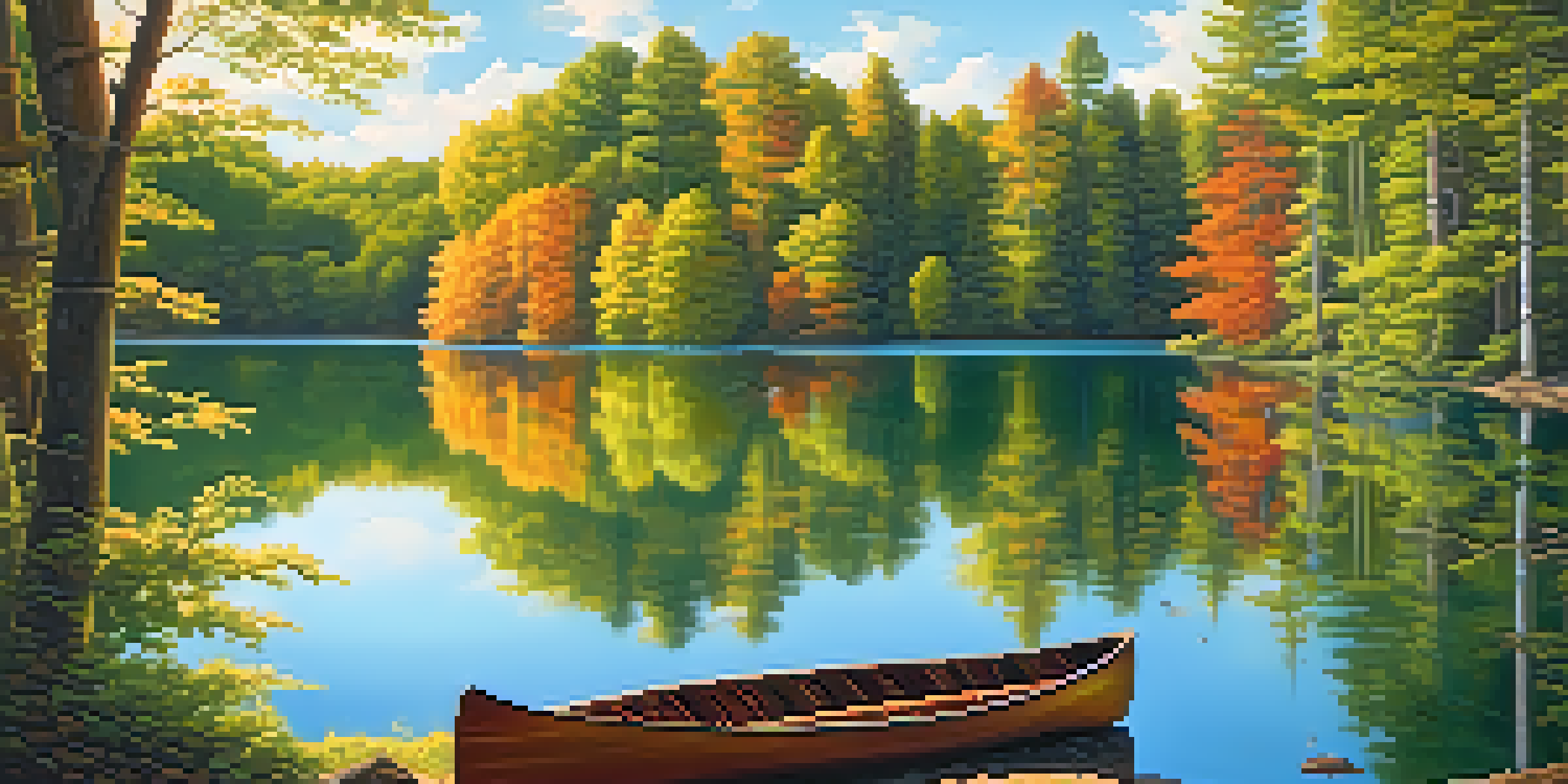 A peaceful lake scene with a canoe on the water, surrounded by green forests and a clear blue sky.