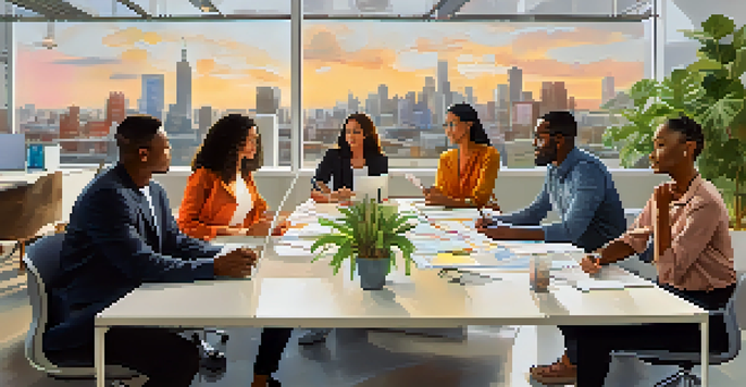 A diverse group of employees collaborating in a bright office, sharing ideas and taking notes around a large table.