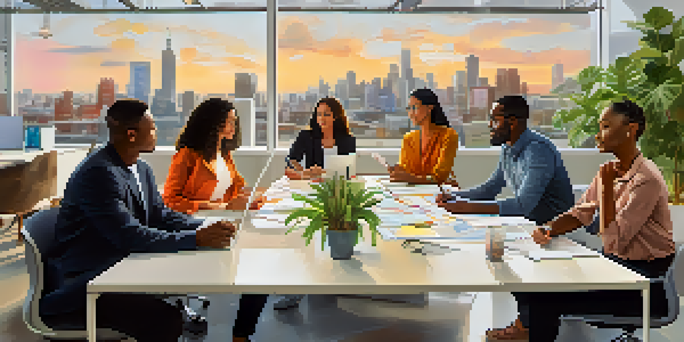 A diverse group of employees collaborating in a bright office, sharing ideas and taking notes around a large table.