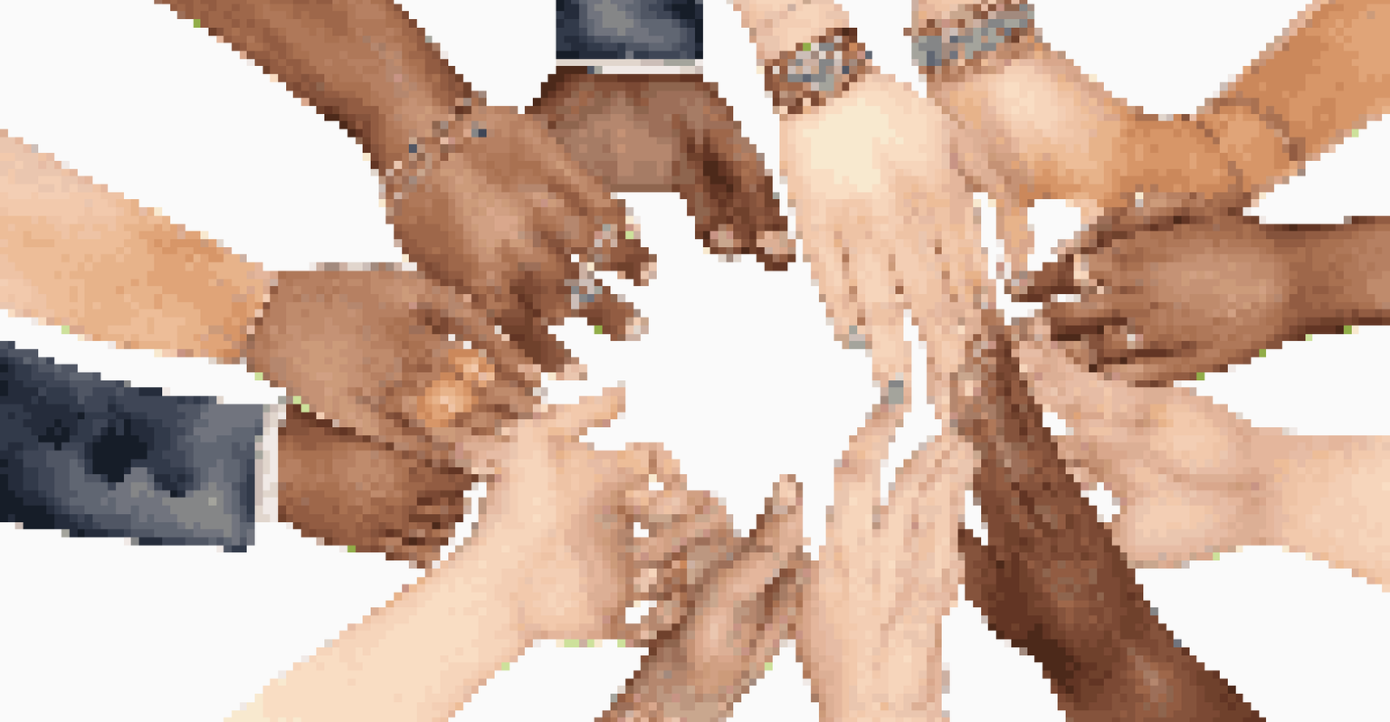 Hands of diverse individuals placed together in a circle, symbolizing unity and collaboration in the workplace.