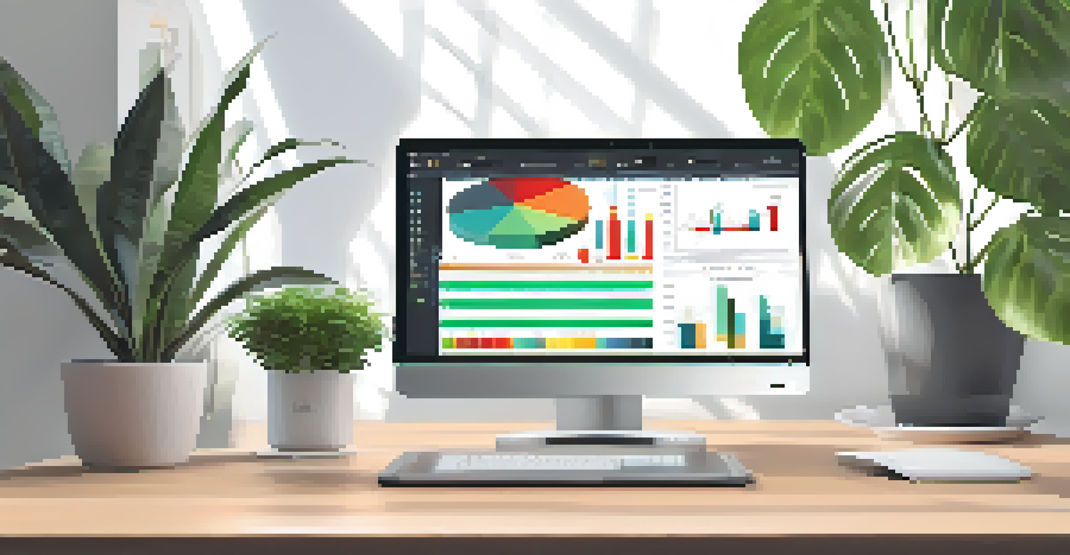 A stylish workspace with a wooden desk, an open laptop showing data visualizations, a cup of coffee, and a small plant.