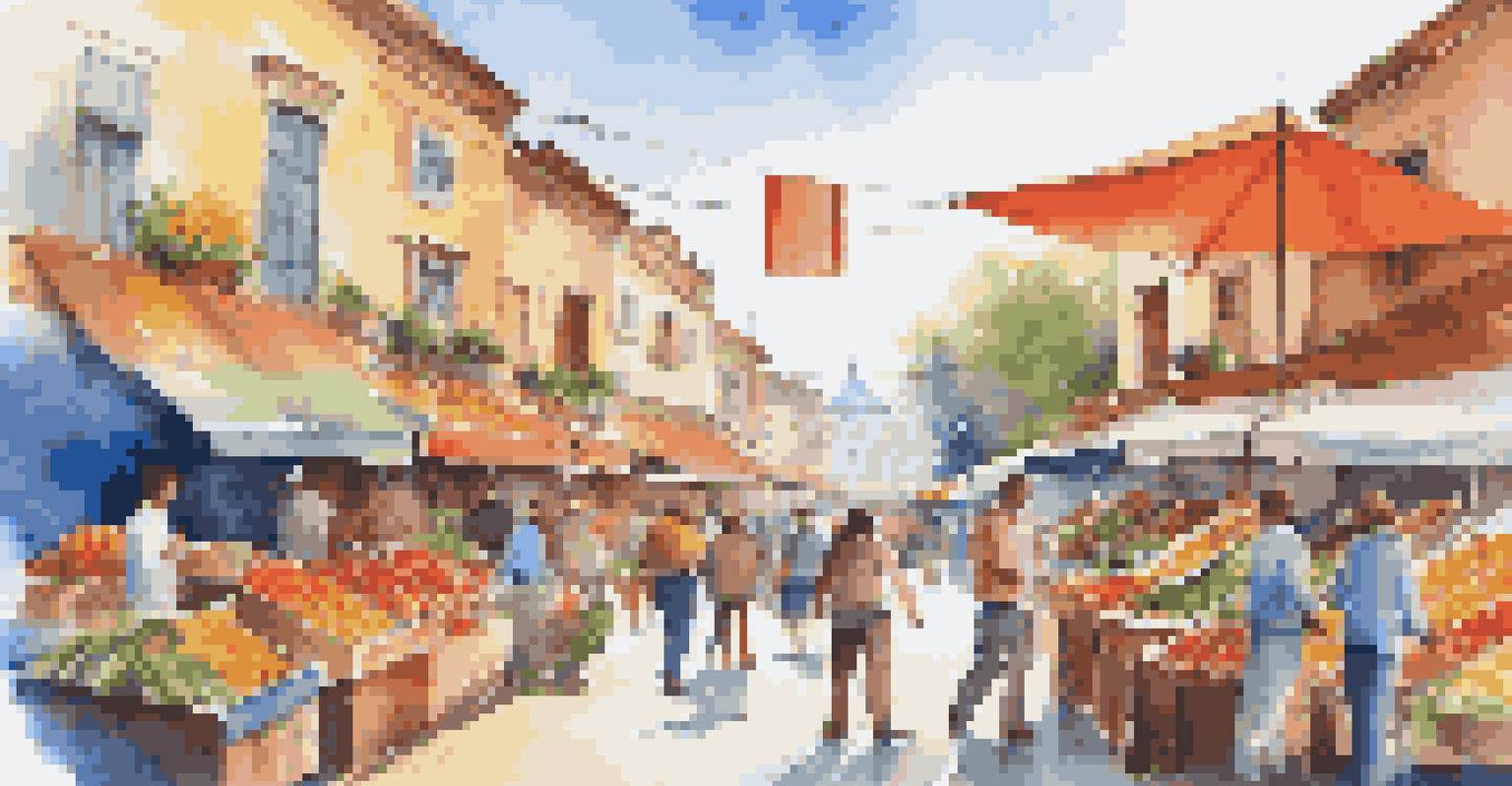 A lively marketplace filled with colorful stalls where vendors are interacting with customers, showcasing personalized service and vibrant atmosphere.