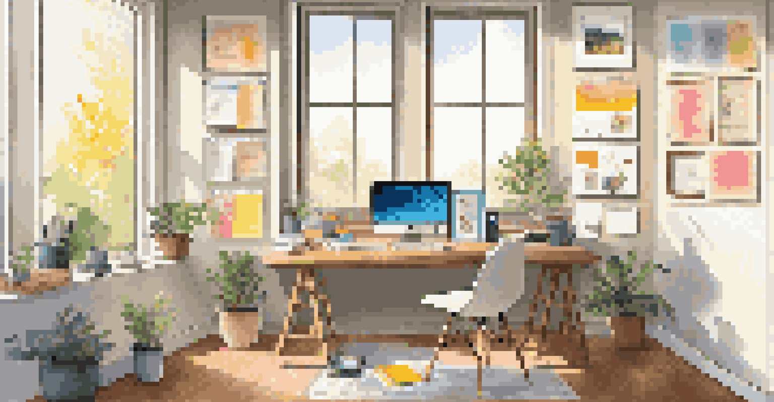 A modern workspace with a laptop, notebooks, and coffee cup on a desk, colorful sticky notes on the wall, and natural light from a window.