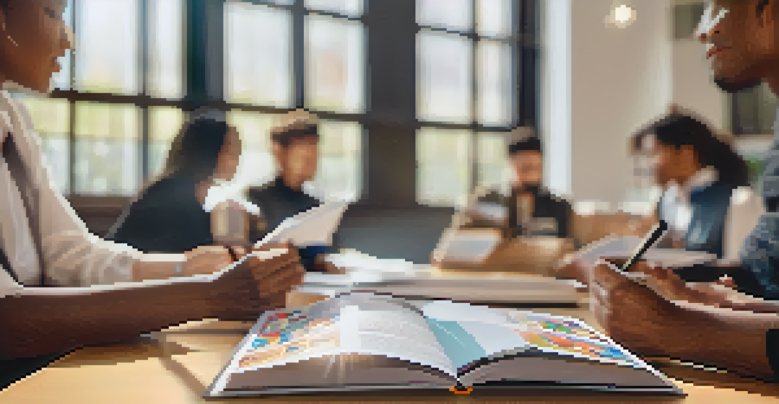 Close-up of hands holding a diversity training manual with cultural symbols, against a blurred background of a diverse team.