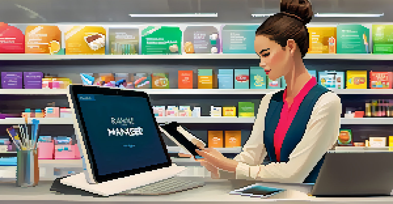 A retail manager focused on a tablet in a vibrant retail environment while accessing online training.