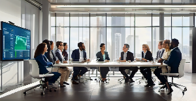 A group of business professionals having a discussion at a conference table with a digital display of supply chain data in the background.