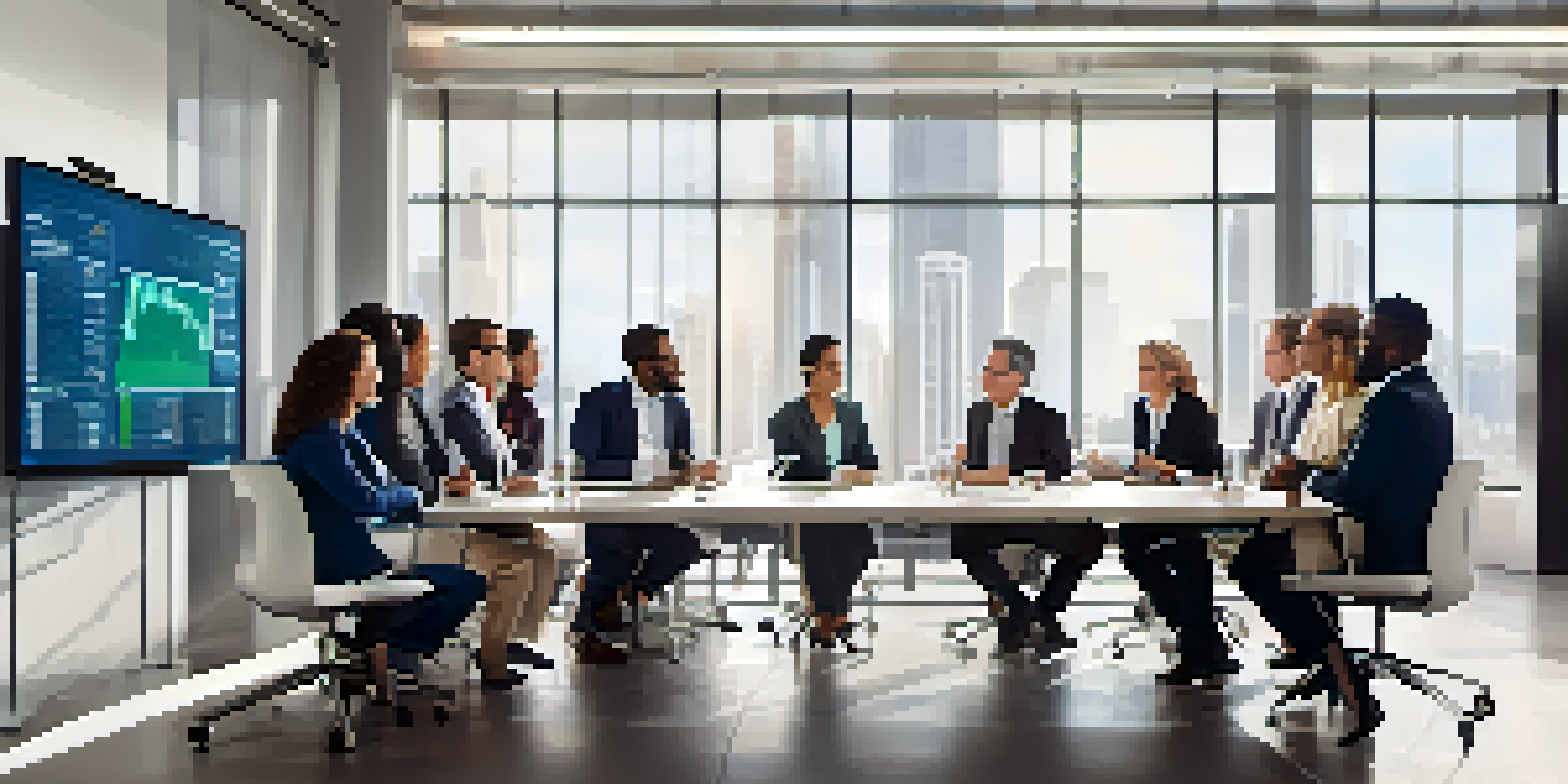 A group of business professionals having a discussion at a conference table with a digital display of supply chain data in the background.