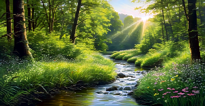 A tranquil forest scene with sunlight filtering through the trees, a gentle stream, and colorful wildflowers.