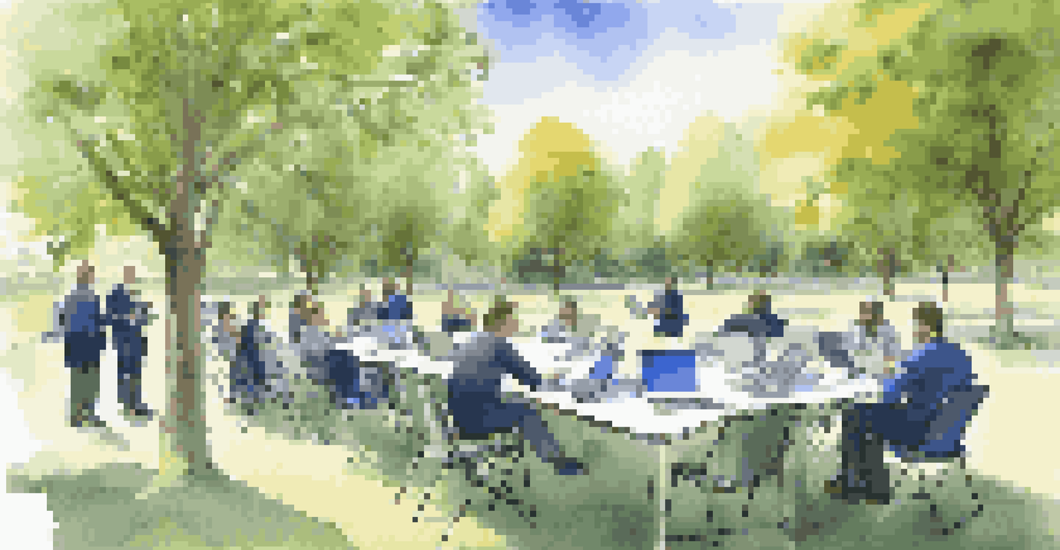 A team conducting a business continuity plan test in an outdoor park setting, with laptops and digital devices on a large table.