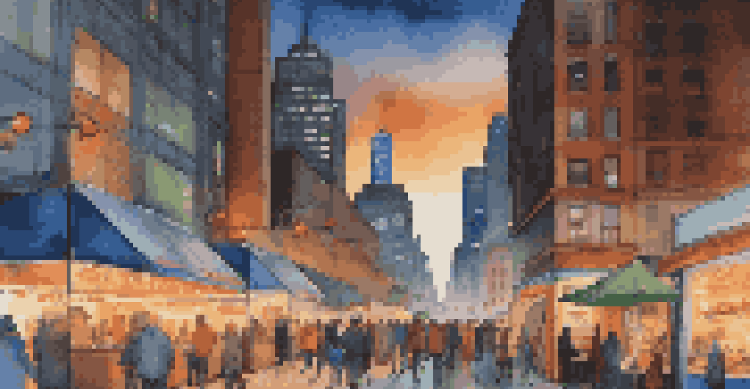 A lively city street at dusk with illuminated skyscrapers and people enjoying street food.