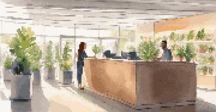 A friendly staff member at a customer service desk in a modern retail store, attentively listening to a customer with a warm and inviting atmosphere.