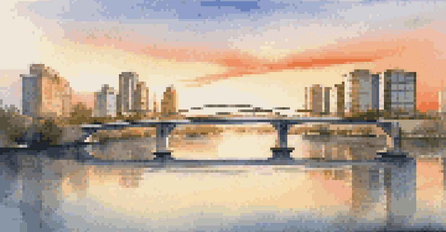 A peaceful landscape with a bridge symbolizing unity between two corporate buildings merging into one.