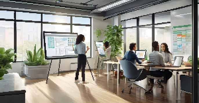 A bright modern office with a diverse team collaborating around a digital whiteboard, using laptops and tablets.