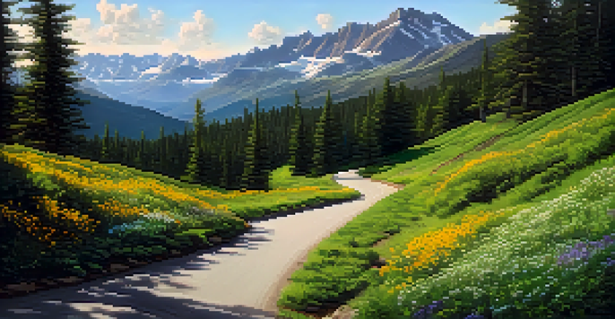 A winding road through a green forest with sunlight filtering through trees and wildflowers blooming, representing a journey of strategic planning.