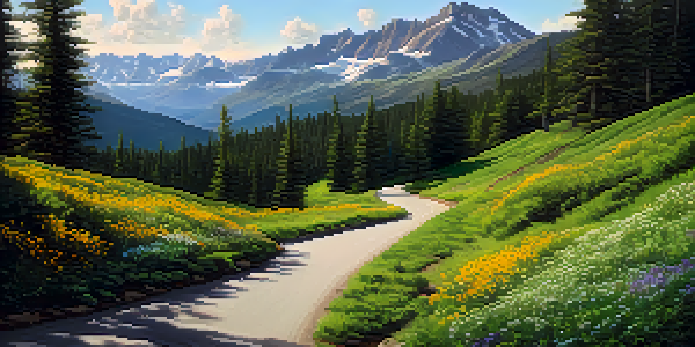 A winding road through a green forest with sunlight filtering through trees and wildflowers blooming, representing a journey of strategic planning.