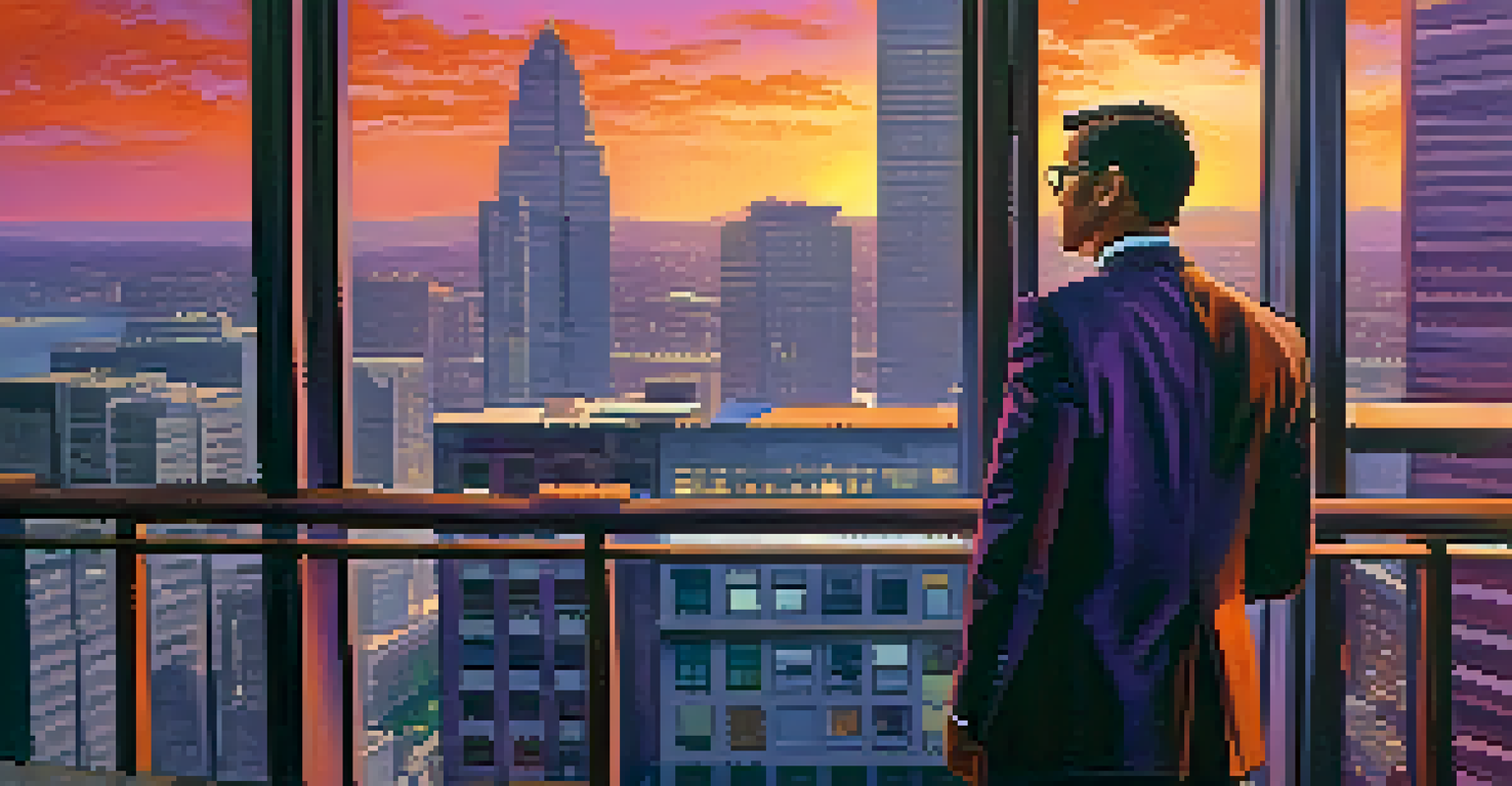 A business professional on a balcony at sunset, overlooking a city skyline, dressed in formal attire, holding a phone.