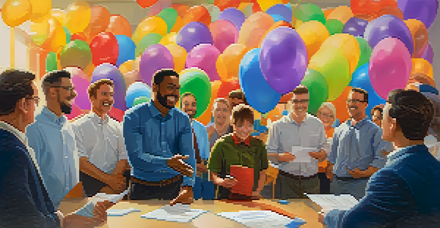An employee being recognized in a team meeting, surrounded by colleagues applauding and celebrating achievements.