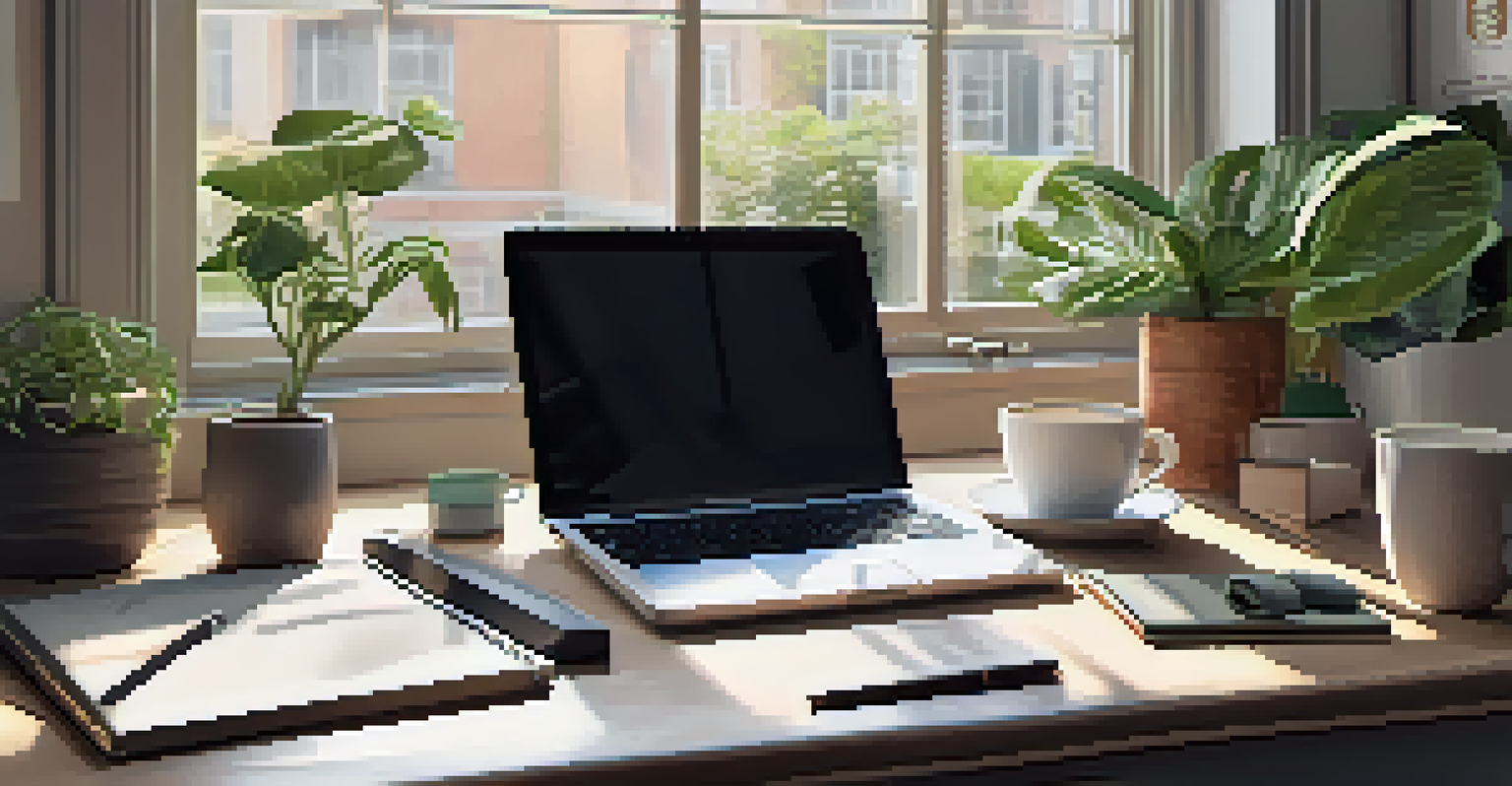 A cozy home office setup with a laptop, notepad, and coffee, emphasizing a balance between work and comfort.