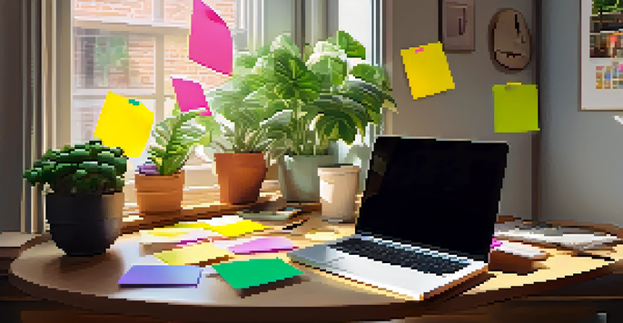 A bright and inviting workspace with a laptop, sticky notes, coffee cup, and a plant, bathed in natural light.
