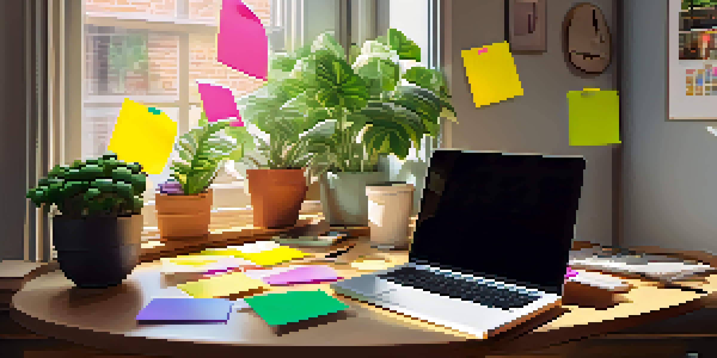 A bright and inviting workspace with a laptop, sticky notes, coffee cup, and a plant, bathed in natural light.