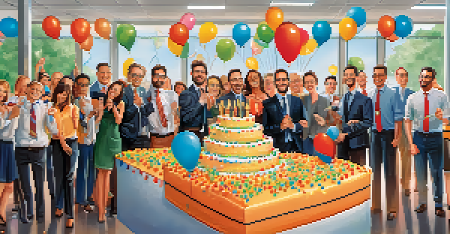 A corporate team celebrating automation success with a decorated cake and festive decorations in the office.