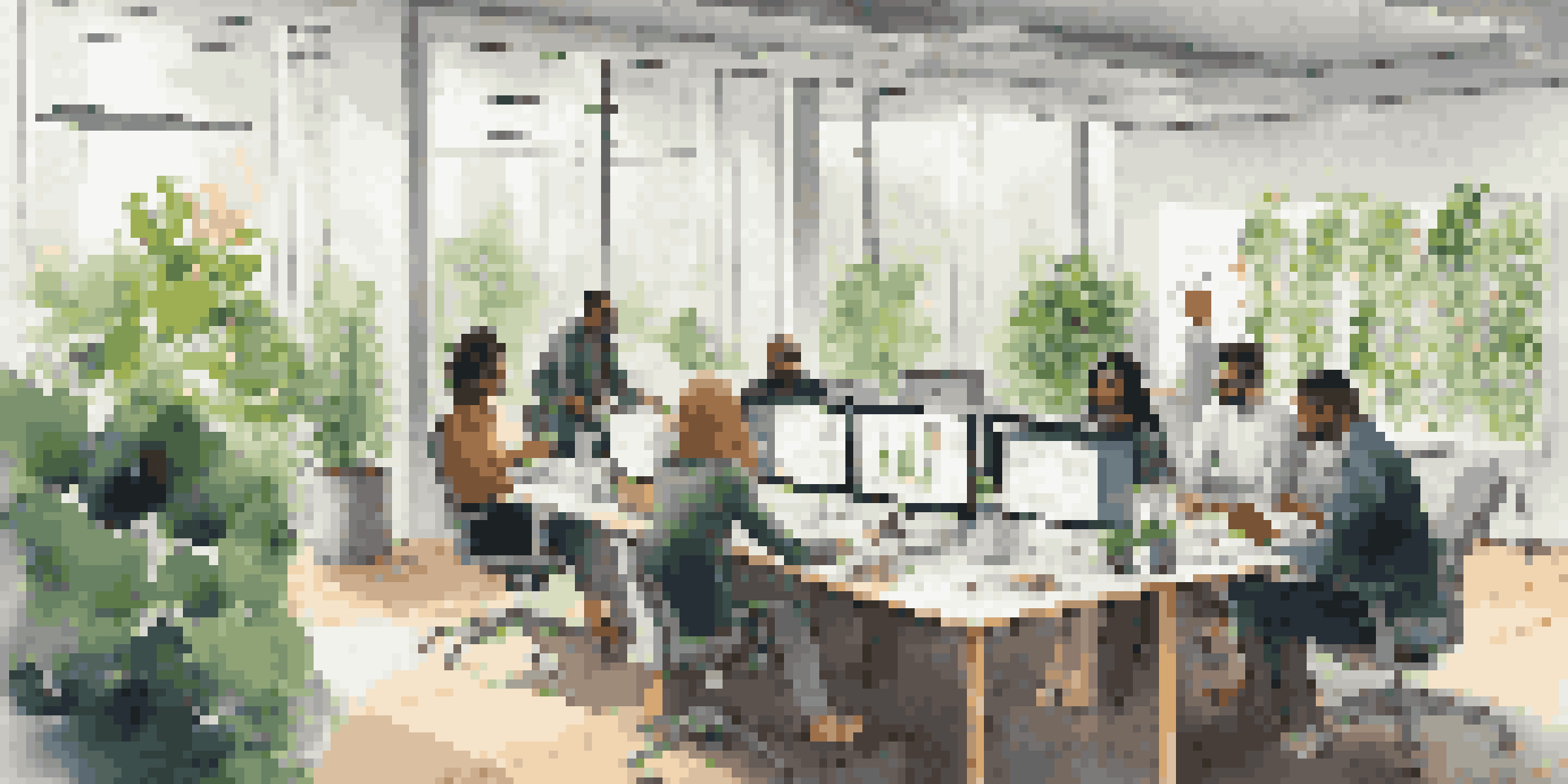 A diverse team of professionals collaborating in a bright office space with large windows and plants, symbolizing teamwork and flexibility.