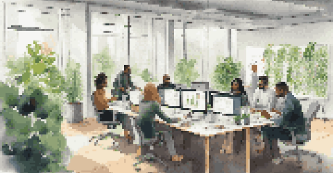 A diverse team of professionals collaborating in a bright office space with large windows and plants, symbolizing teamwork and flexibility.