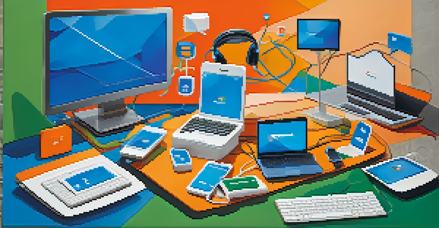 An abstract depiction of multichannel communication with various digital devices and colorful shapes.