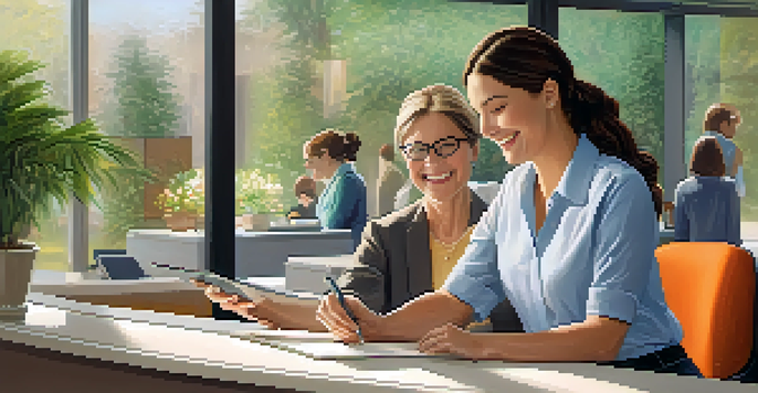 A customer service representative assisting a customer at a reception desk in a bright and inviting environment.