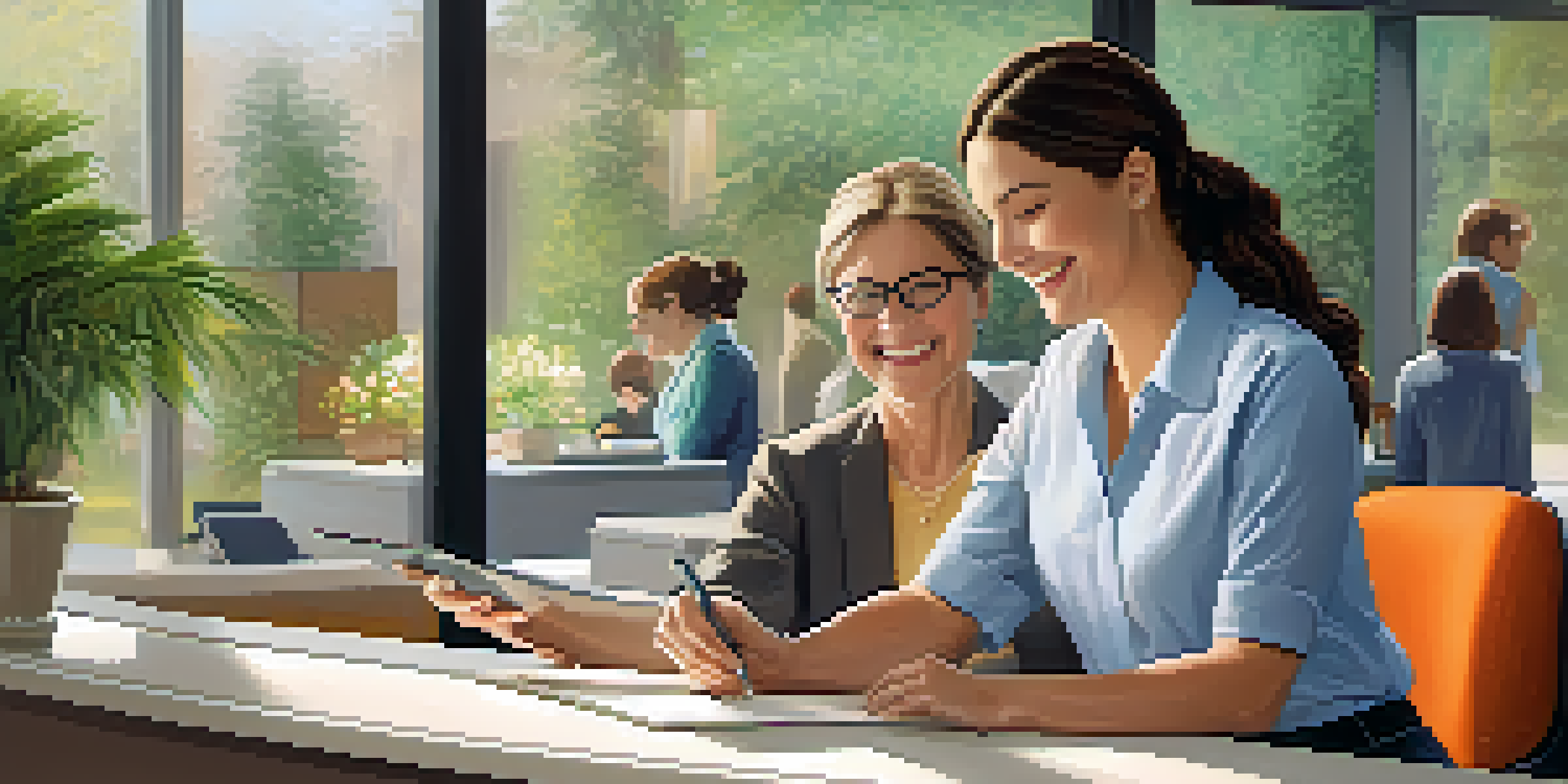 A customer service representative assisting a customer at a reception desk in a bright and inviting environment.