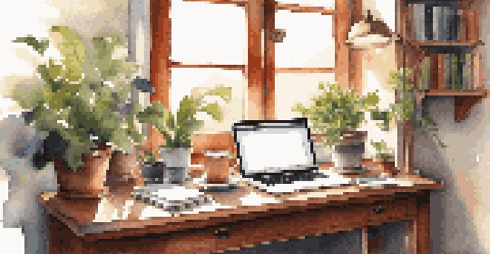 A cozy workspace with a wooden desk, notebooks, pens, a laptop, and sunlight streaming through a window.